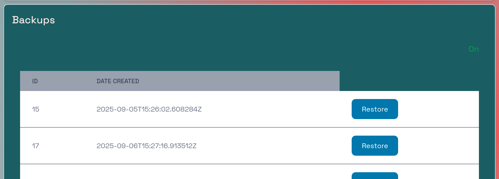 Application details backups screenshot